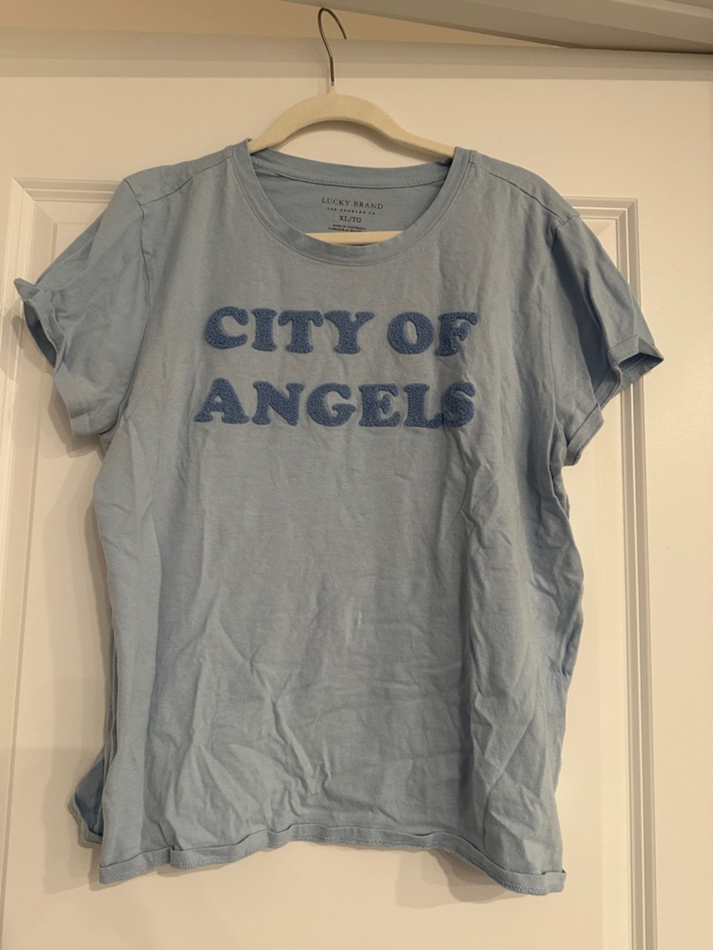 Lucky Brand Light Blue Tee with Dark Blue Chenille "City of Angels"